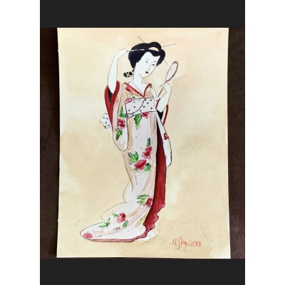 Japanese Geisha in Kimono with Mirror by Marina Stognieva