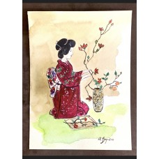 Geisha by the creation of ekibana, original watercolor, artist Marina Stognieva