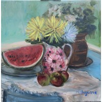 Still life, juicy watermelon, apples and Flowers - original oil painting on canvas 40*40 cm, artist Marina Stognieva