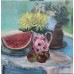 Summer still life: Watermelon, apples and chrysanthemum flowers - buy oil painting online
