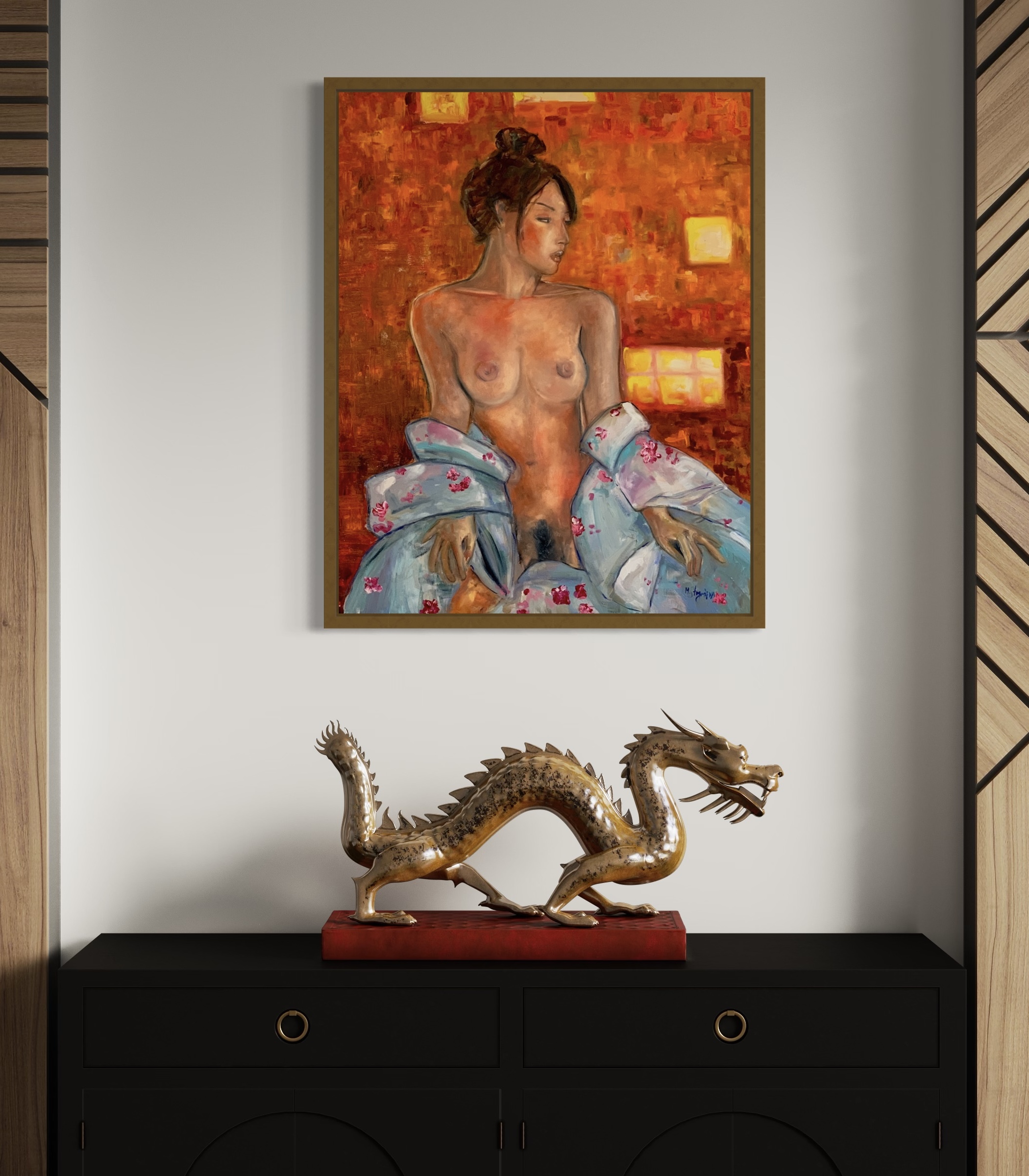 Geisha painting by Marina Stognieva displayed in an interior