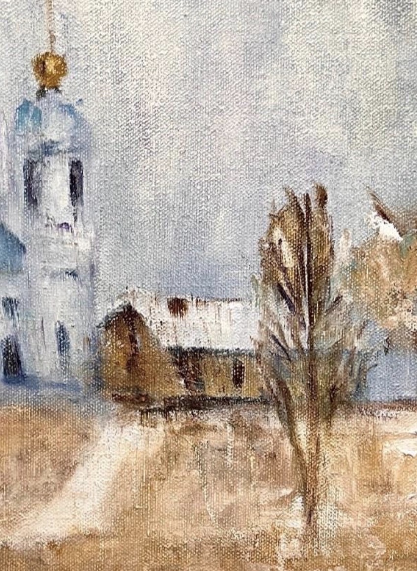 Painting detail — blue church dome and golden cross