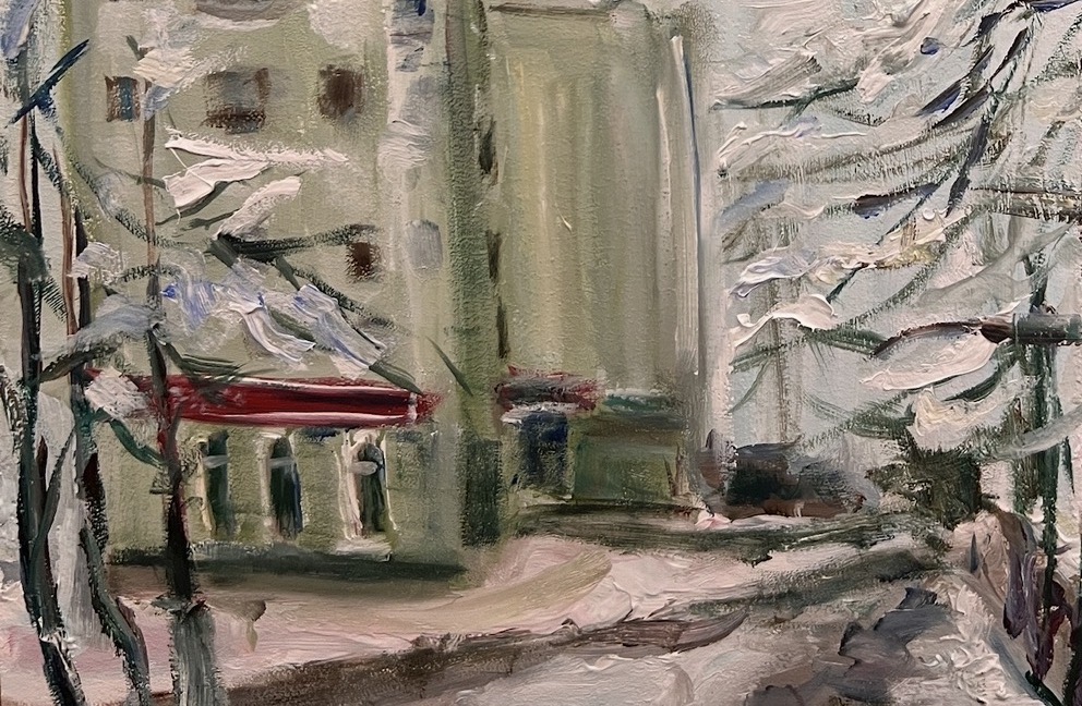 Painting detail — snowy trees and architecture in Luhansk city centre
