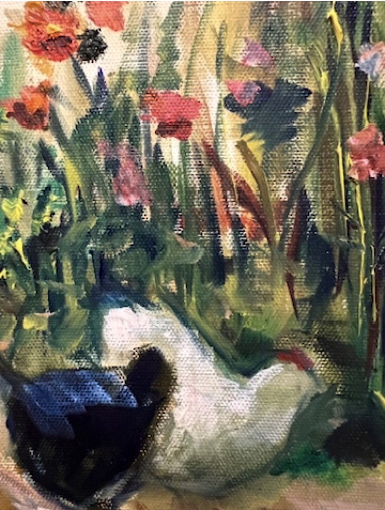 Detail of Bird Yard painting – Ukrainian cottage garden