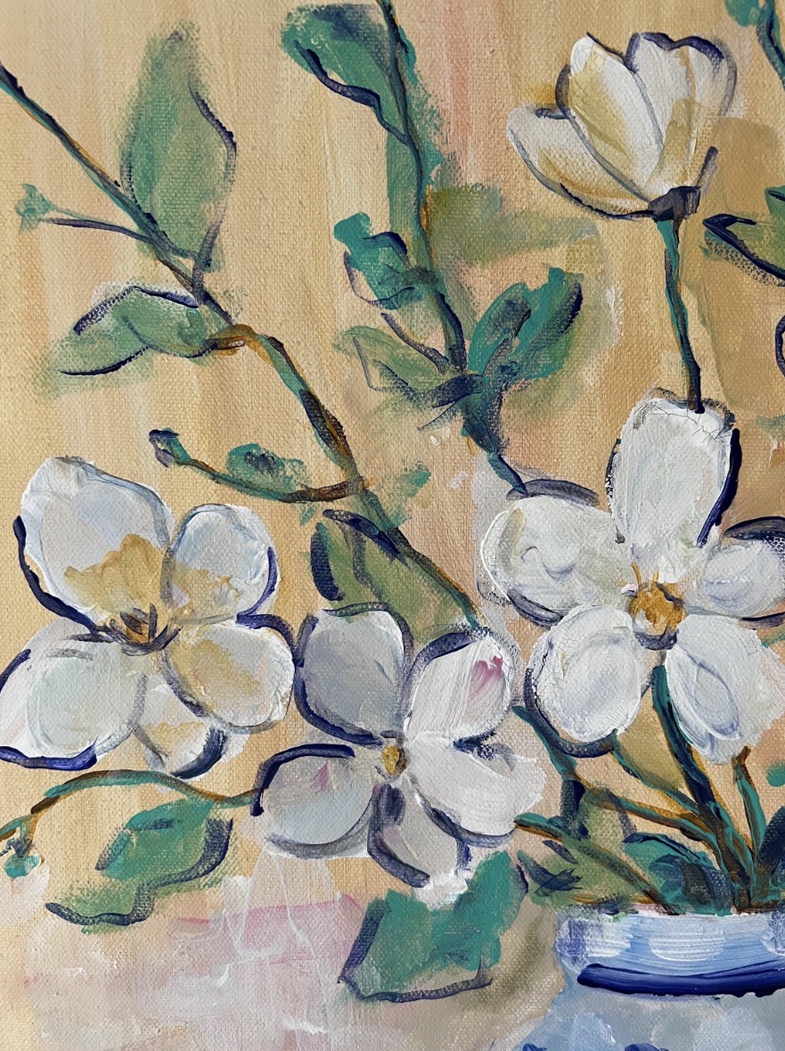Detail of White Flowers in a Blue Patterned Vase