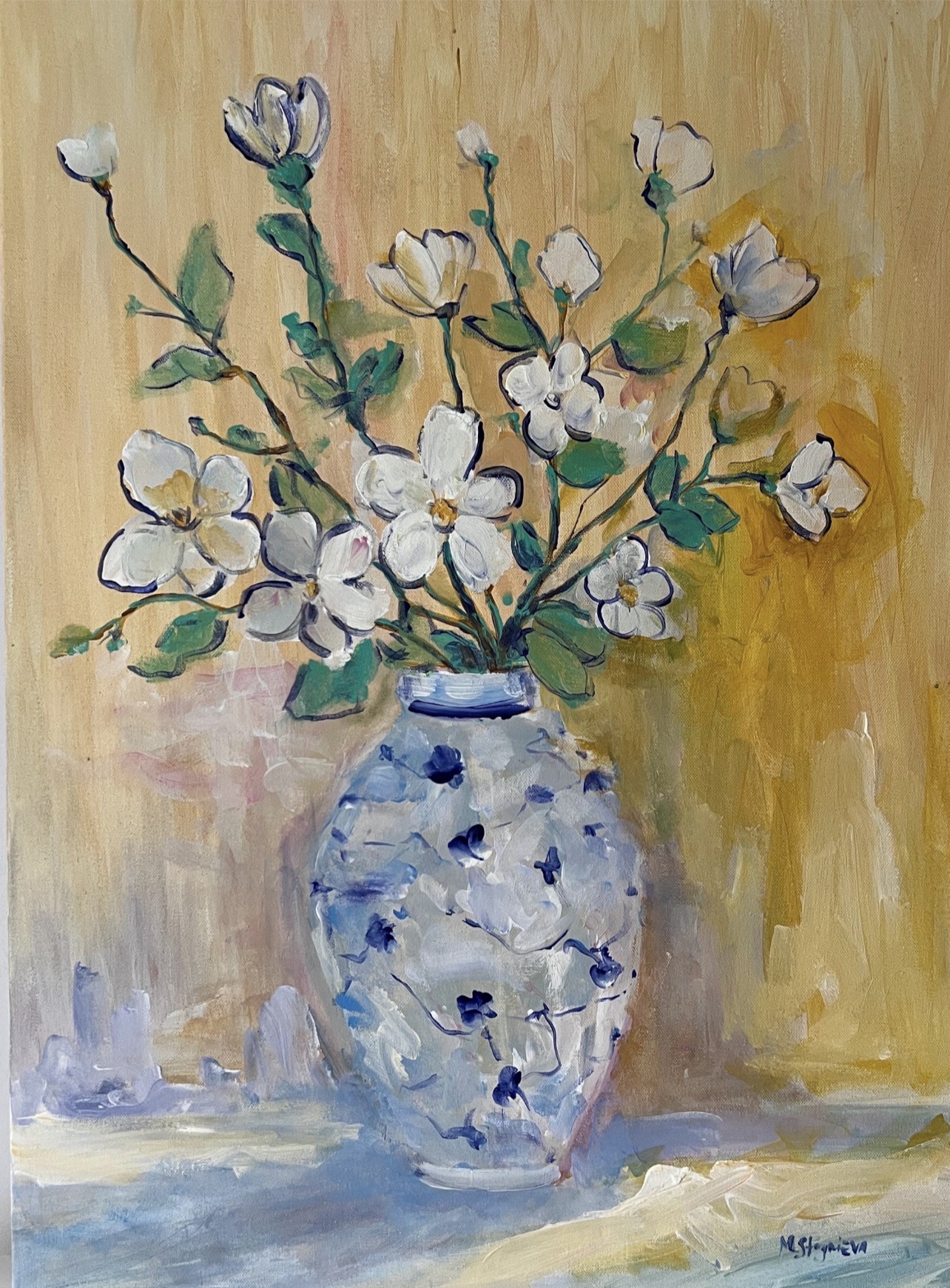 Close-up of the original floral painting by Marina Stognieva