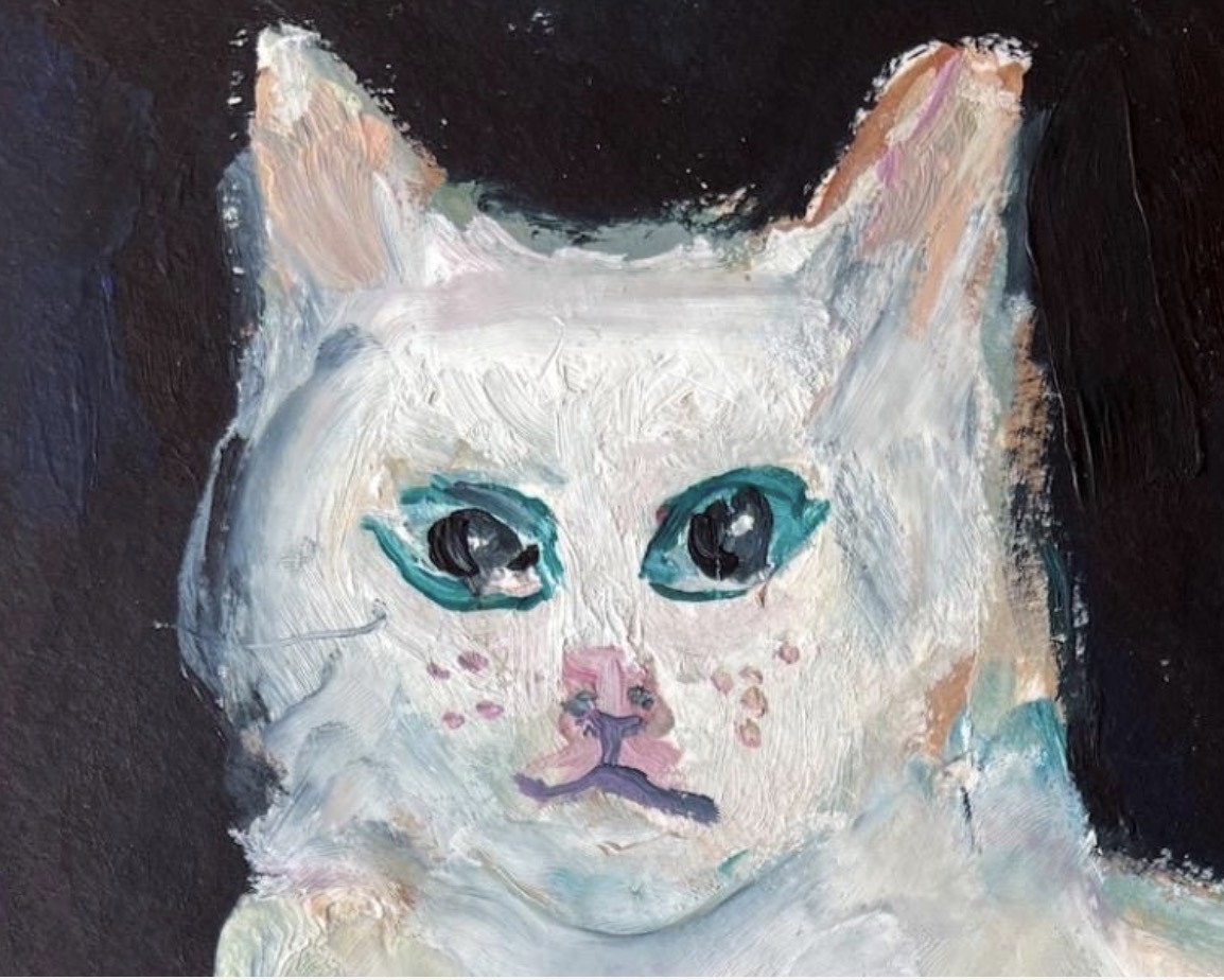 Close-up detail of the original oil painting White Cat by Marina Stognieva