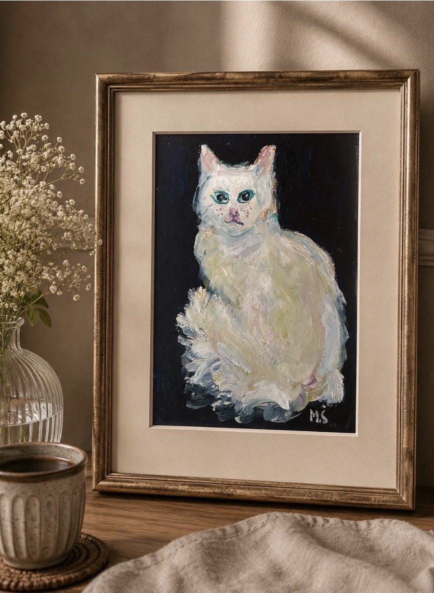 White Cat painting displayed in an elegant interior with frame and mat