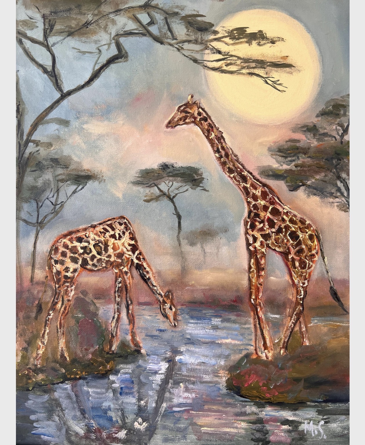 Giraffes by the Waterhole, painting by Marina Stognieva