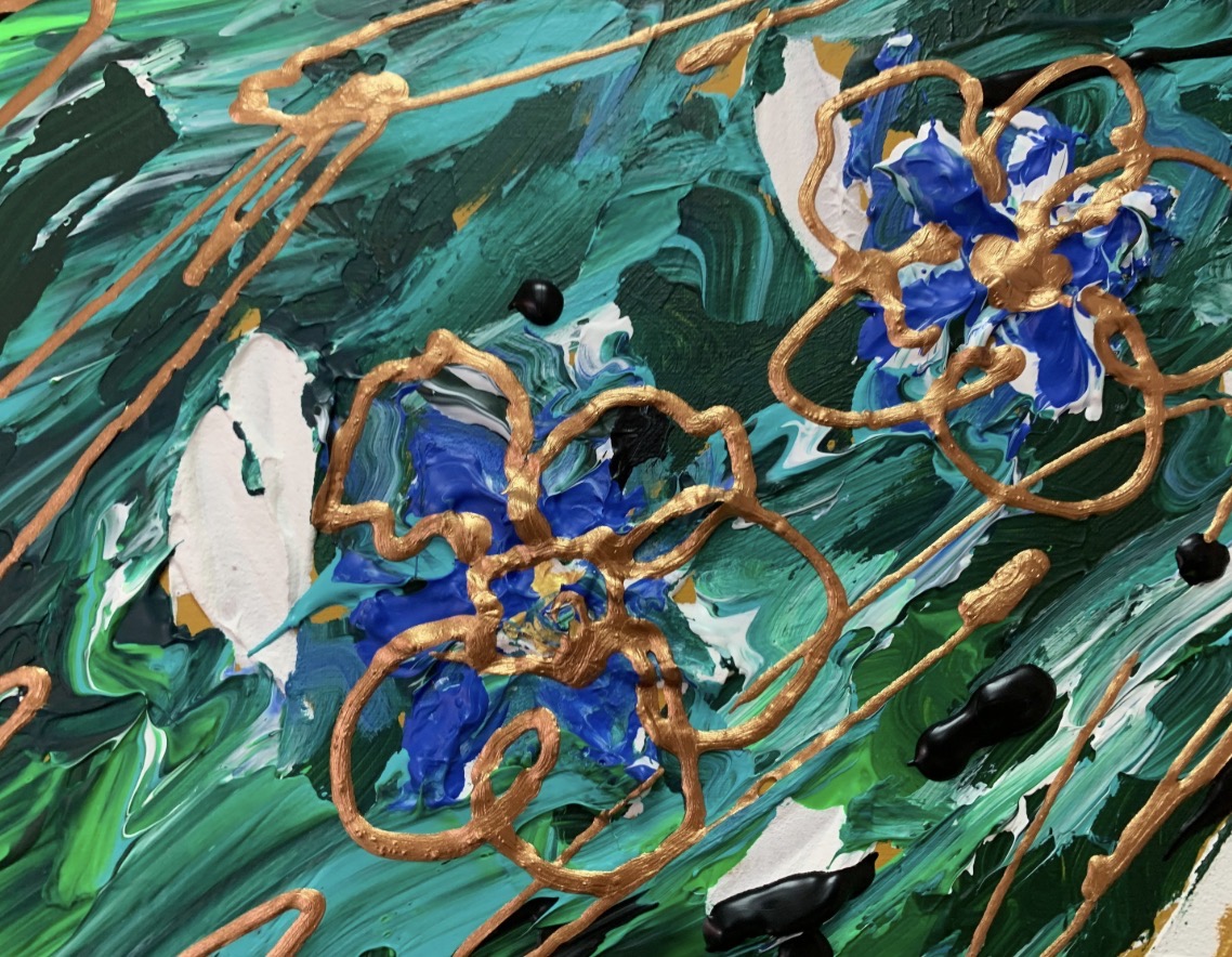 Detail of Green Abstract showing expressive acrylic brushwork