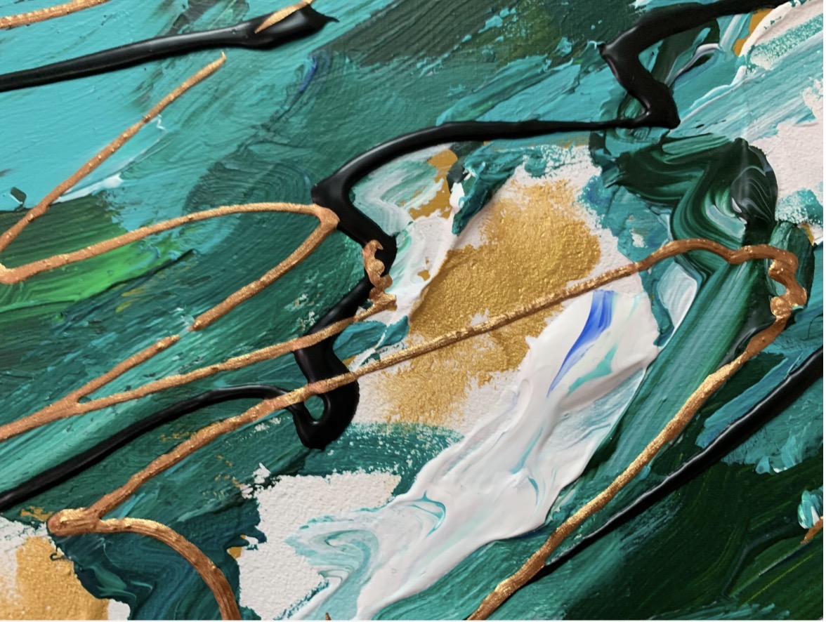 Blue floral details in Green Abstract painting