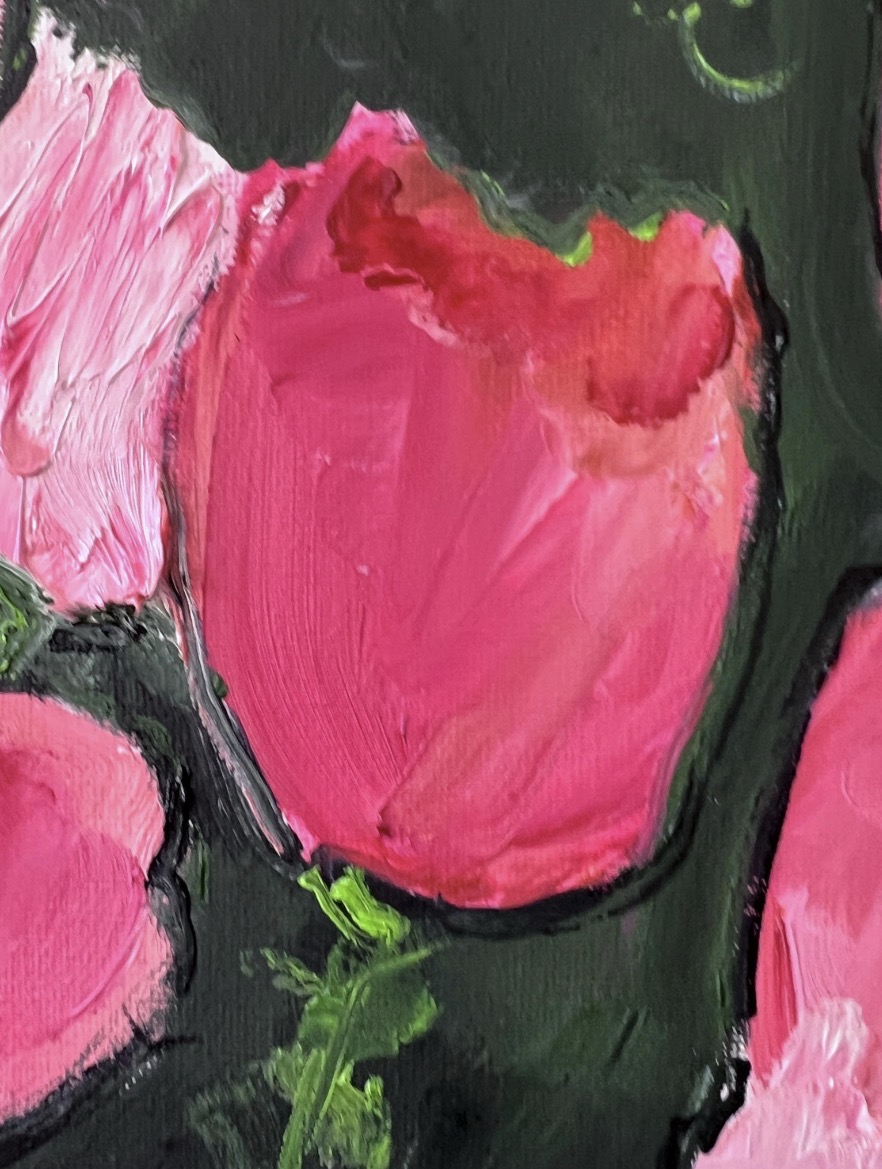 Detail of the Tulips painting showing expressive oil brushwork